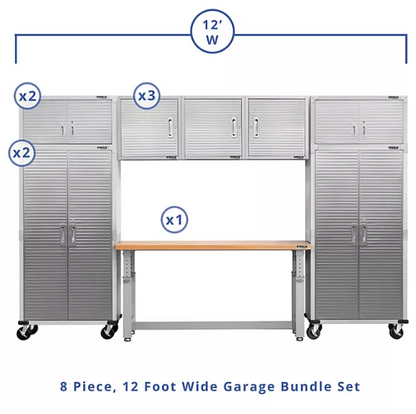 Seville Classics UltraHD 8-Piece Steel Garage Cabinet Storage Set With Height Adjustable Workbench, 12 Feet Wide