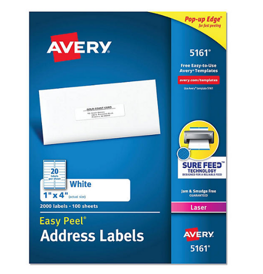 Avery Easy Peel Address Labels w/ Sure Feed Technology, Laser Printers, White, 100 Sheets/Box