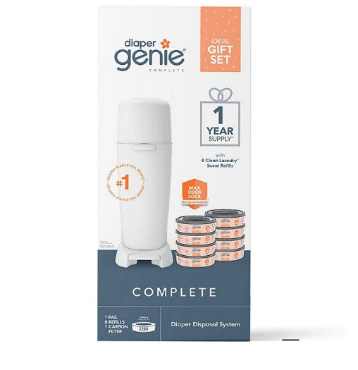 Diaper Genie Complete Gift Set (Diaper Pail, 8 Refill Bags, 1 Carbon Filter, 1 Year Supply)