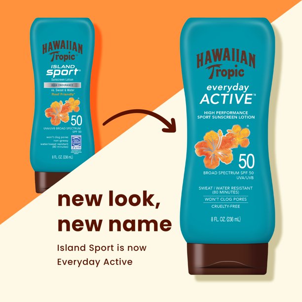 Hawaiian Tropic Everyday Active Lotion Sunscreen 8 Oz, SPF 50, Won't Clog Pores, Sweat & Water Resistant (80 Minutes) Sunblock