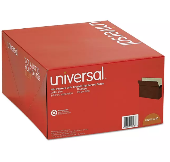 Universal 3 1/2" Expansion File Pockets, Straight Tab, Redrope/Manila, 25/Box (Various Types)