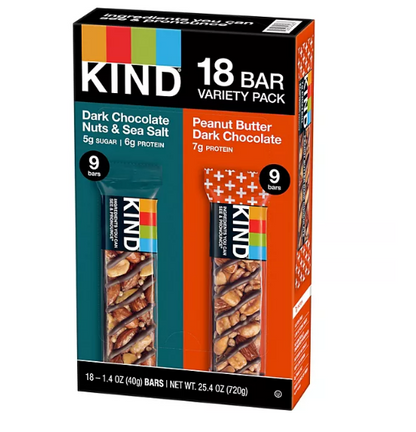 KIND Snack Bars Variety Pack, Dark Chocolate Nuts & Sea Salt and Peanut Butter Dark Chocolate (18 ct.)