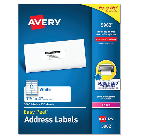 Avery Easy Peel White Address Labels w/ Sure Feed Technology, Laser Printers, 1.33 x 4, White, 14/Sheet, 250 Sheets/Box