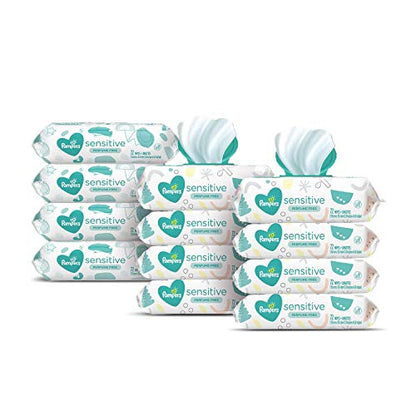 Baby Wipes, Pampers Sensitive Water Based Baby Diaper Wipes, Hypoallergenic and Unscented, 8 Pop-Top Packs with 4 Refill Packs for Dispenser Tub, 864 Total Wipes (Packaging May Vary)