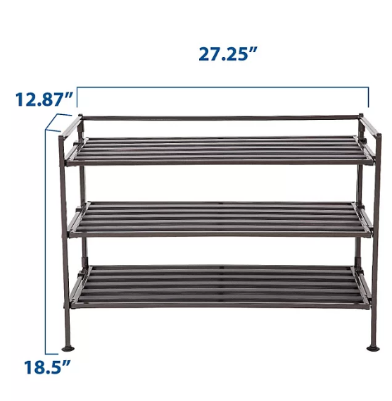 Seville Classics 3-Tier Stackable 9-Pair Woodgrain Resin Slat Shoe Rack, 27.25" W x 12.87" D x 18.5" H