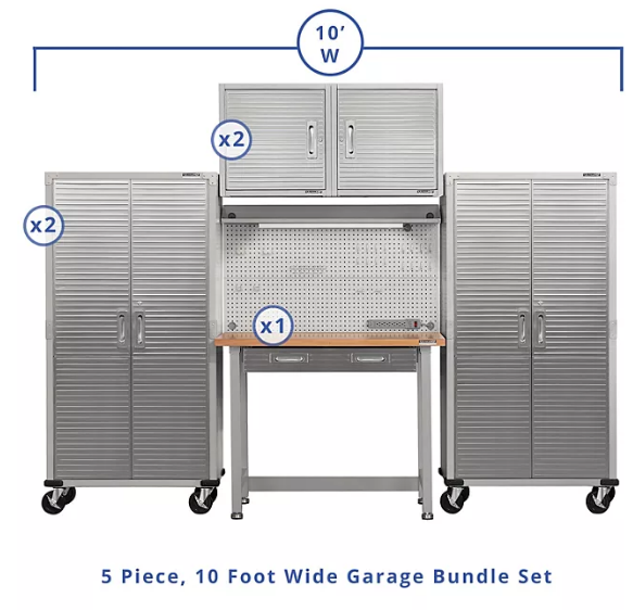 Seville Classics UltraHD 5-Piece Steel Garage Cabinet Storage Set With Pegboard Workbench, 10 Feet Wide