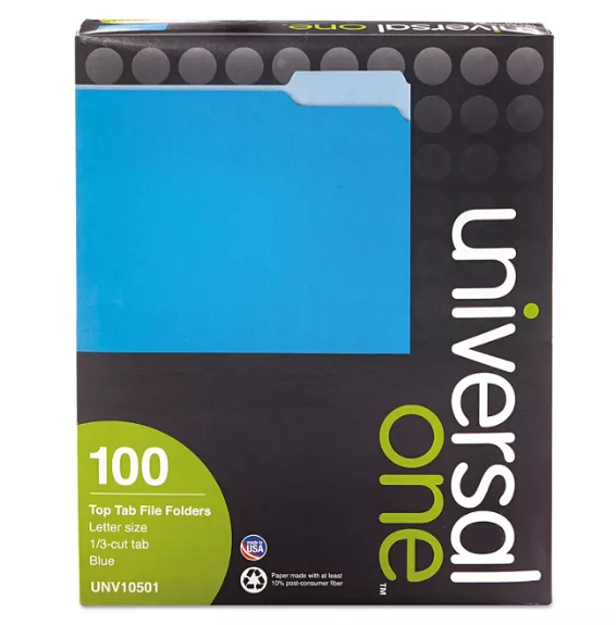 Universal File Folders, 1/3 Cut One-Ply Top Tab, Letter, 100/Box (Various Colors)