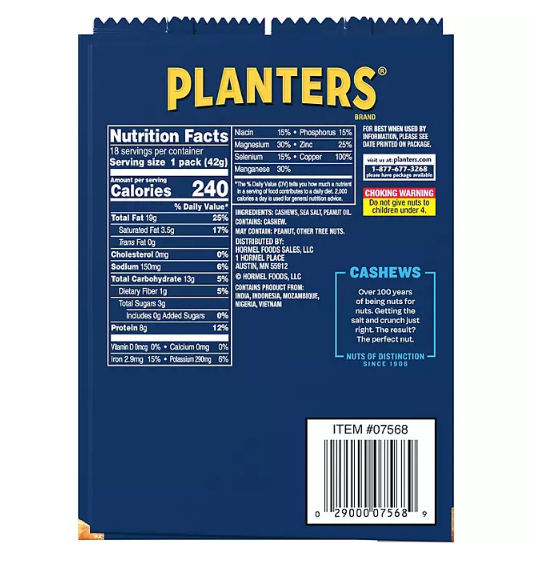 Planters Salted Cashews, Single-Serve Tubes (1.5 oz., 18 ct.)