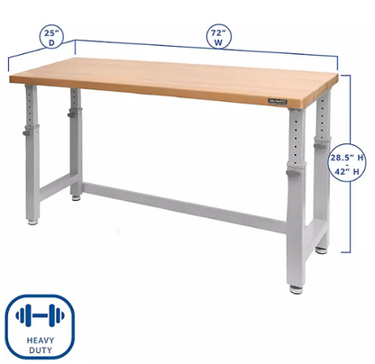 UltraHD® Height Adjustable Heavy Duty Workbench With Solid Wood Top, 72" x 25"