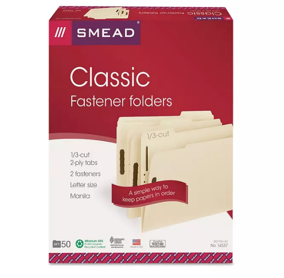 Smead 1/3 Cut Assorted Position Tabs Two Fastener File Folder, Manila (Letter, 50ct.)