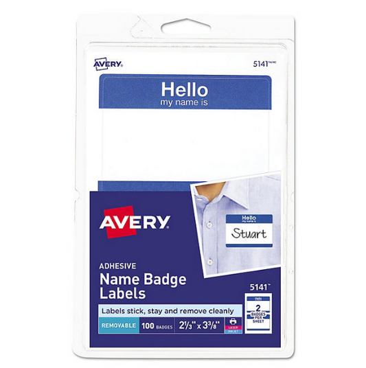 Avery Printable Adhesive Name Badges, 3.38 x 2.33, Blue "Hello", 100/Pack(3 PK)