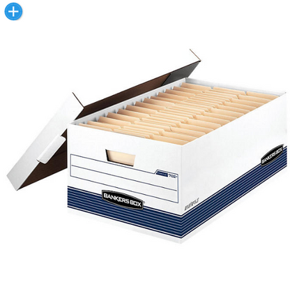 Bankers Box STOR/FILE Storage Box with Locking Lid, White/Blue (Legal, 12/Carton)