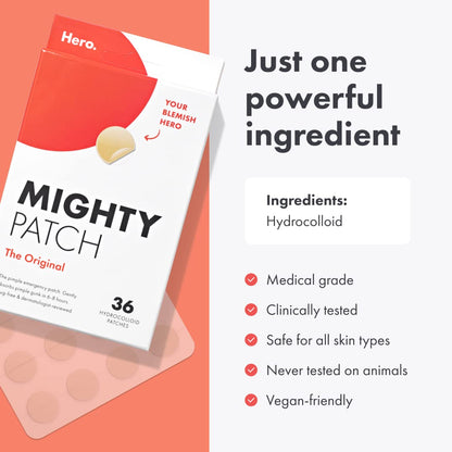 Mighty Patch Original from Hero Cosmetics - Hydrocolloid Acne Pimple Patch for Covering Zits and Blemishes, Spot Stickers for Face and Skin, Vegan-friendly and Not Tested on Animals (36 Count)