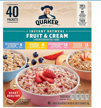 Quaker Instant Oatmeal Fruit & Cream, Variety Pack (40 pk.)