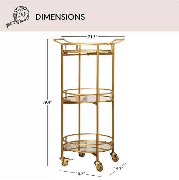 Devereaux 3-Tier Multi-Use Cylinder Modern Bar Cart, Gold