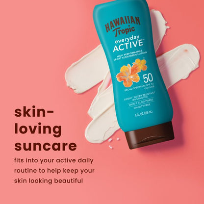 Hawaiian Tropic Everyday Active Lotion Sunscreen 8 Oz, SPF 50, Won't Clog Pores, Sweat & Water Resistant (80 Minutes) Sunblock