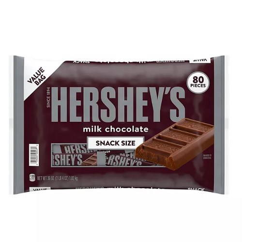 HERSHEY'S Milk Chocolate Snack Size Candy Bars, Individually Wrapped, Bulk Value Bag (36 oz., 80 Pieces)