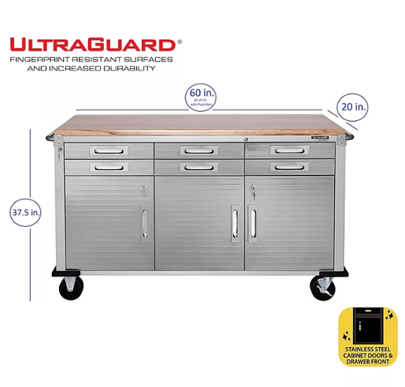 Seville Classics® UltraHD® 6-Drawer Rolling Workbench, 65.25" W x 20" D x 37.5" H