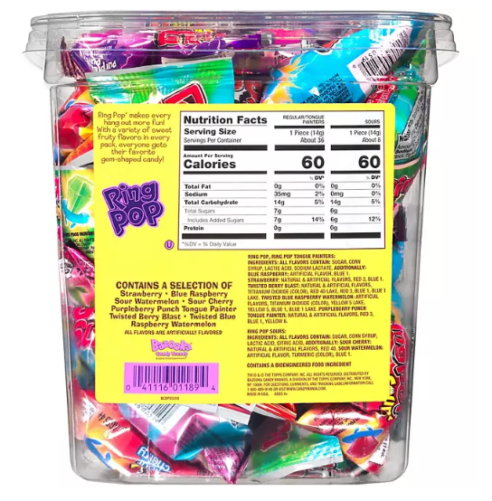 Ring Pop Assorted Flavors Lollipops Candy Tub Bulk Variety Pack (0.5 oz., 44 ct.)