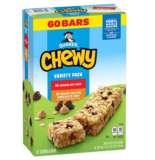 Quaker Chewy Variety Pack, Chocolate Chip and Peanut Butter Chocolate Chip (60 ct.)