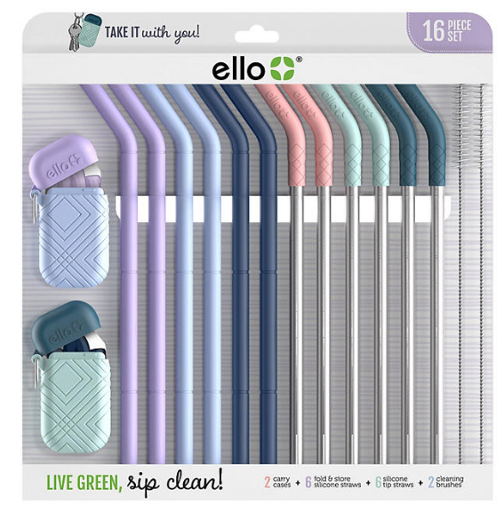 Ello 16-Piece Reusable Straw Set with Cleaning Brush