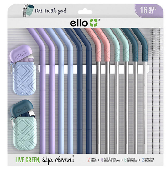 Ello 16-Piece Reusable Straw Set with Cleaning Brush