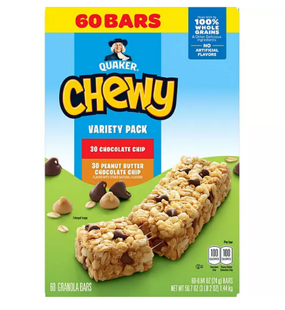 Quaker Chewy Variety Pack, Chocolate Chip and Peanut Butter Chocolate Chip (60 ct.)