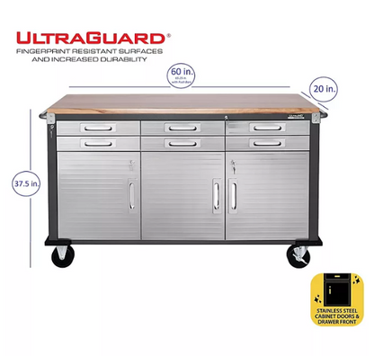 Seville Classics® UltraHD® 6-Drawer Rolling Workbench, 65.25" W x 20" D x 37.5" H