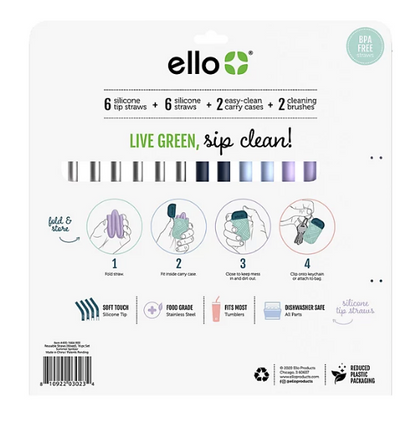 Ello 16-Piece Reusable Straw Set with Cleaning Brush