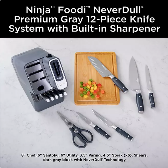 Ninja Foodi NeverDull Premium 12-Piece German Stainless Steel Knife System with Built-in Sharpener, Gray