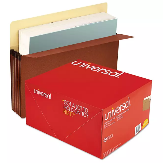 Universal 3 1/2" Expansion File Pockets, Straight Tab, Redrope/Manila, 25/Box (Various Types)