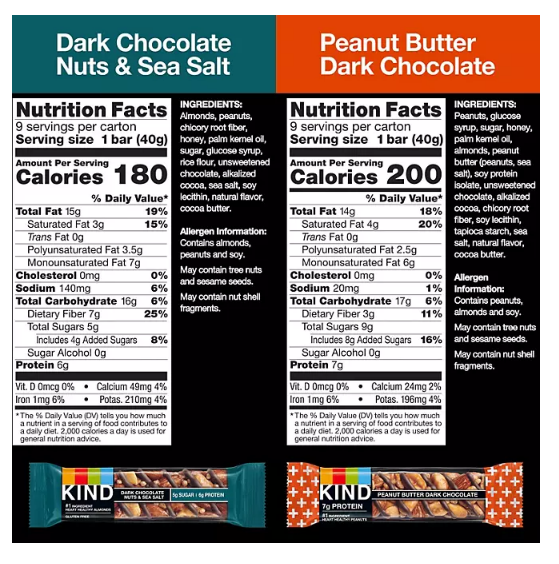 KIND Snack Bars Variety Pack, Dark Chocolate Nuts & Sea Salt and Peanut Butter Dark Chocolate (18 ct.)