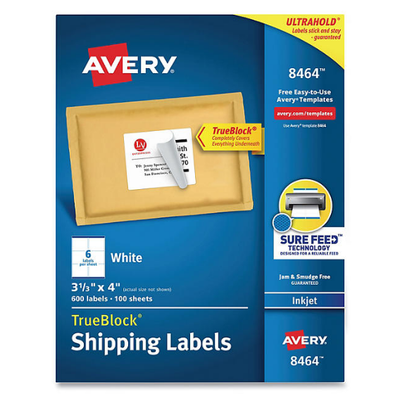 Avery Shipping Labels w/ TrueBlock Technology, Inkjet Printers, 3.33 x 4, White, 6/Sheet, 100 Sheets/Box