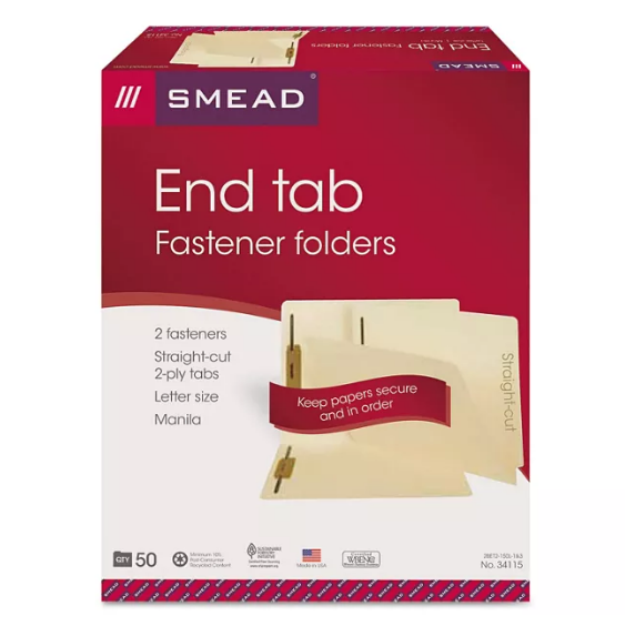 Smead Reinforced Straight End Tab Two Fastener Heavyweight File Folder, Manila (Letter, 50ct.)