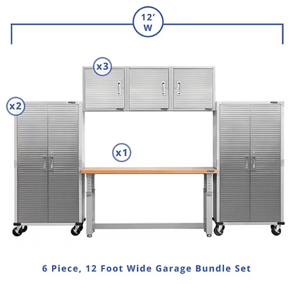 Seville Classics UltraHD® 6-Piece Steel Garage Cabinet Storage Set With Height Adjustable Workbench, 12 Feet Wide