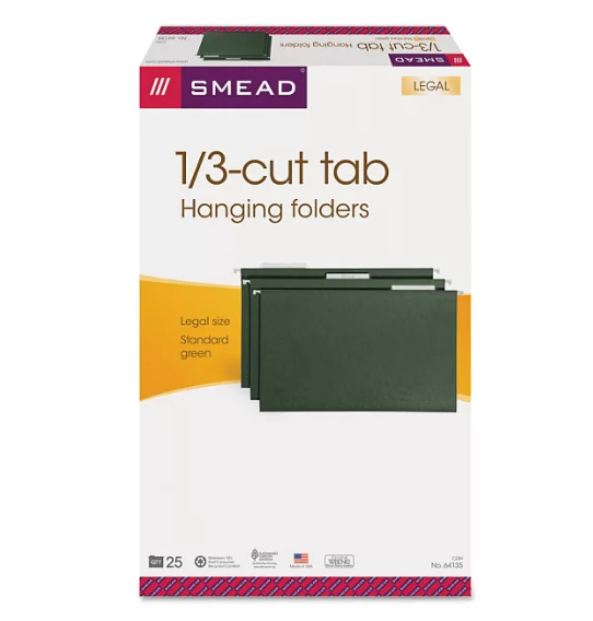 Smead 1/3 Cut Adjustable Positions Hanging File Folders, Green (Legal, 25ct.)