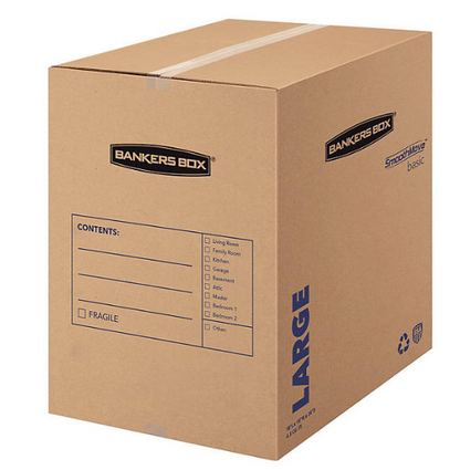 Bankers Box SmoothMove Basic Large Moving Boxes, 18" L x 18" W x 24" H, Kraft/Blue, 15/Carton