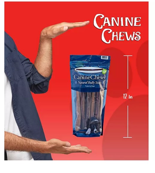 Canine Chews Natural 12" Bully Sticks Dog Treats, Beef Flavor (12 Sticks)