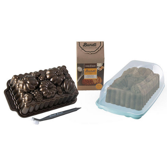 Nordic Ware Fall Loaf Bundle: Harvest Bounty Loaf, Loaf Keeper, Salted Caramel Quick Bread Mix & Bundt Cleaning Tool