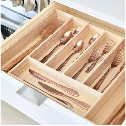 iDesign Renewable Paulownia Wood Collection Expandable Flatware And Cutlery Tray, 15" x 12" To 22"