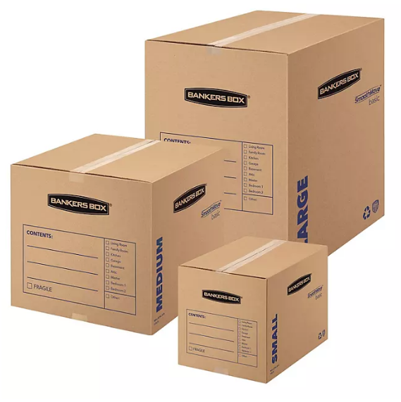 Bankers Box SmoothMove Basic Large Moving Boxes, 18" L x 18" W x 24" H, Kraft/Blue, 15/Carton