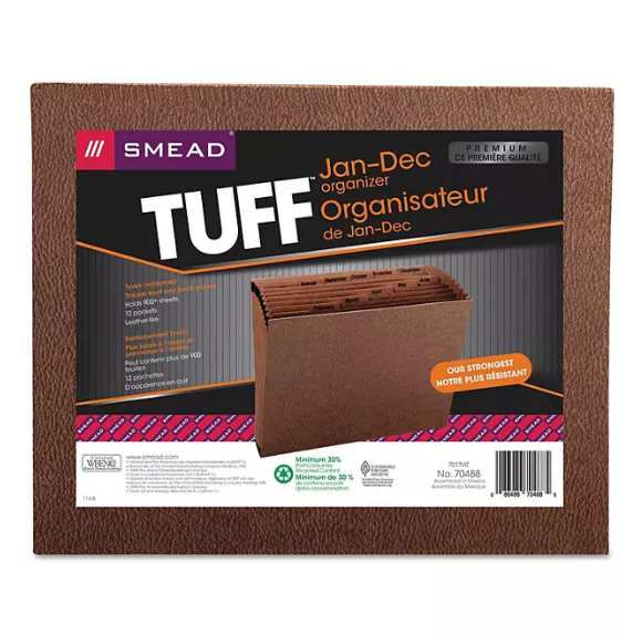 Smead 12 Pocket Jan-Dec TUFF Accordion Expansion File, Open Top, Letter, Redrope