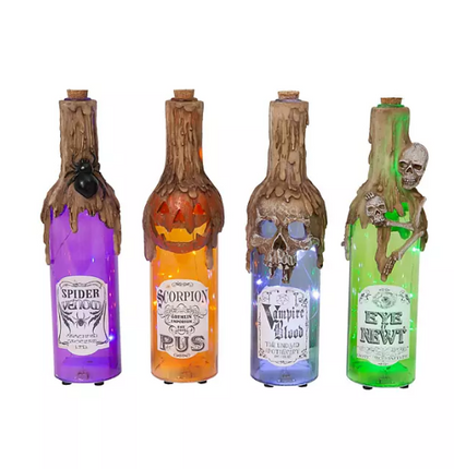 Set of 4 Pre-Lit Glass Halloween Bottles