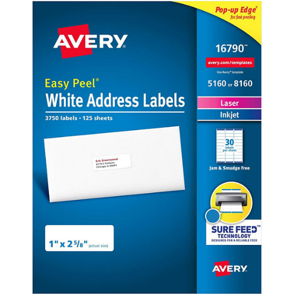 Avery Easy Peel Address Labels, Sure Feed Technology, Permanent Adhesive, 1" x 2-5/8", 3750 Labels