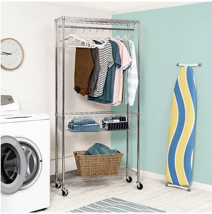 Honey-Can-Do Chrome Rolling Laundry Clothes Rack with Shelves