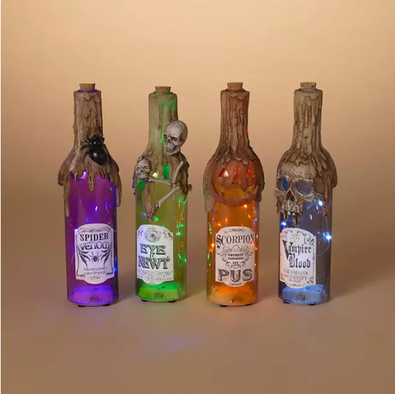 Set of 4 Pre-Lit Glass Halloween Bottles