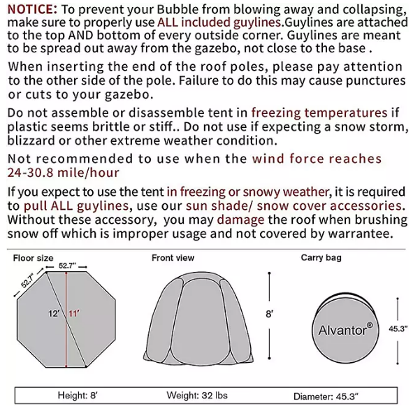 Alvantor Bubble Tent Pop Up Gazebo 12' x 12' Camping Tent