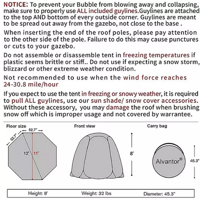 Alvantor Bubble Tent Pop Up Gazebo 12' x 12' Camping Tent