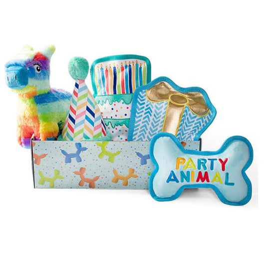 Party Animal Birthday Box Dog Toy Bundle, 5-Piece Set (Blue)