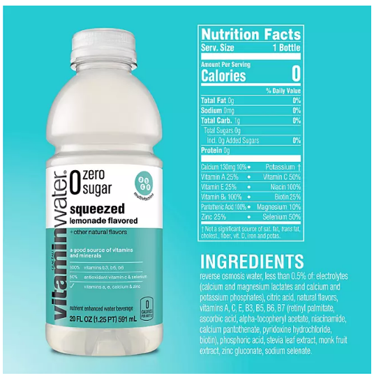 Glaceau Vitaminwater Zero Variety Pack Nutrient Enhanced Water (20 fl. oz., 20 pk.)